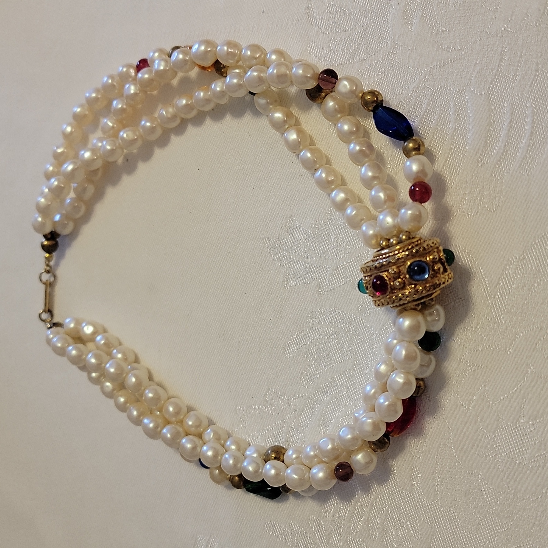 Chunky Vtg Dauplaise Triple Strand Faux Pearl With Multi Coloured Glass Beads